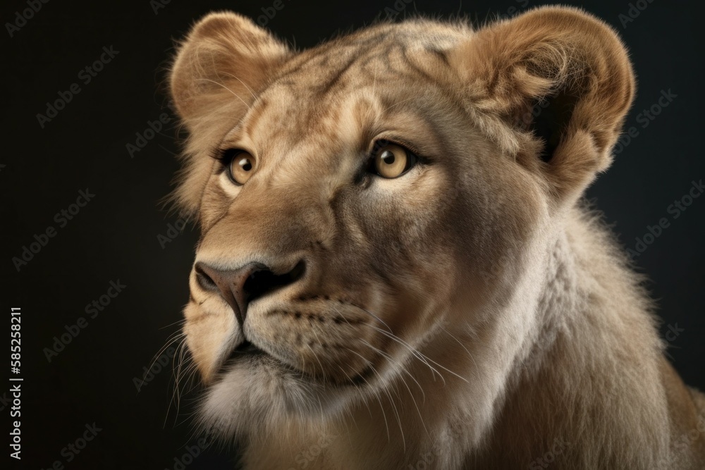 Beautiful lioness close-up, studio shot. AI generated, human enhanced