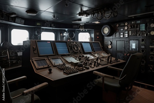 Wheelhouse control board on a large ship / vessel, generative ai