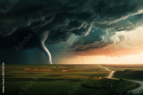 Tornado In Stormy Landscape. Hurricane wind. Climate Change And Natural Disaster Concept. AI generated  human enhanced