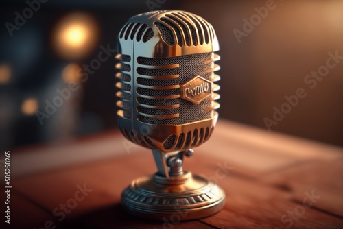 Vintage microphone. The concept of recording audio singing and blogging podcasts. AI generated, human enhanced