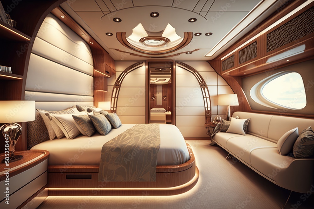 Wideangle photo of an interior of a luxurious boat cabin with a big