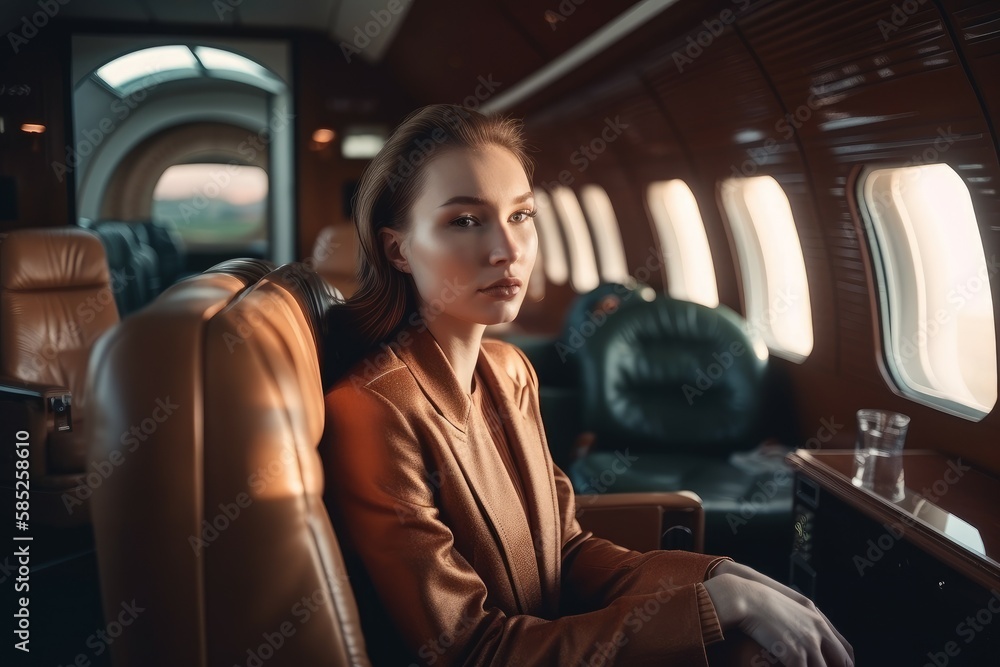Young business lady in the cabin of a luxury private jet. Travel concept. AI generated, human enhanced