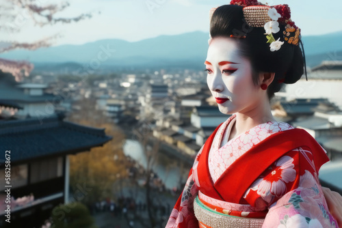 Generative AI portrait of a Japanese geisha woman dressed in kimono against a virtual background of urban Kyoto, river and mountains ranges. Image created with Generative AI technology.
