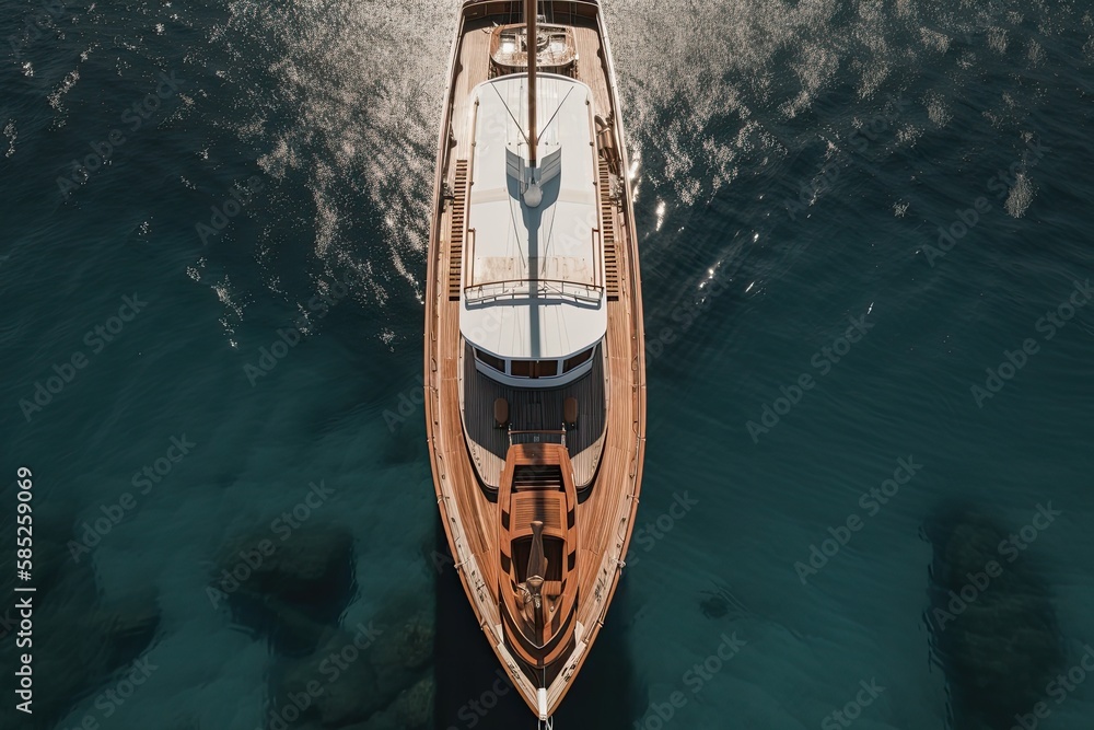 Top down drone view of a luxury yacht on the sea with wooden boards, high quality generative ai