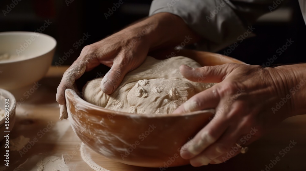 Fototapeta premium Close up hands kneading homemade yeast dough in a bowl. Sourdough bread. Generative AI.