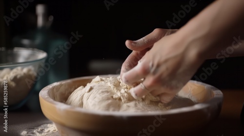 Close up hands kneading homemade yeast dough in a bowl. Sourdough bread. Generative AI.