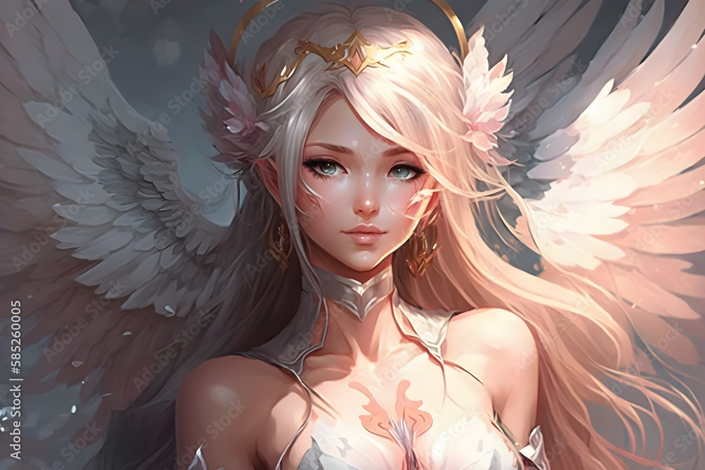 Portrait of a beautiful blonde angel girl in anime style. Neural