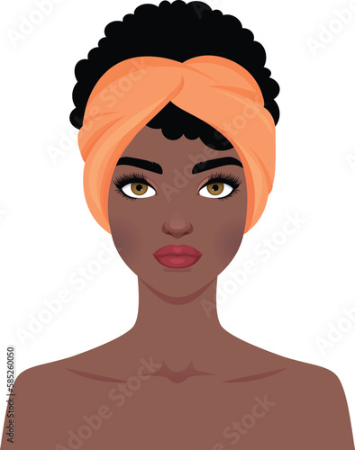 Portrait of a beautiful african american woman. Young Girl with hair wrapped in a bath towel. Stylized vector image of a girls face
