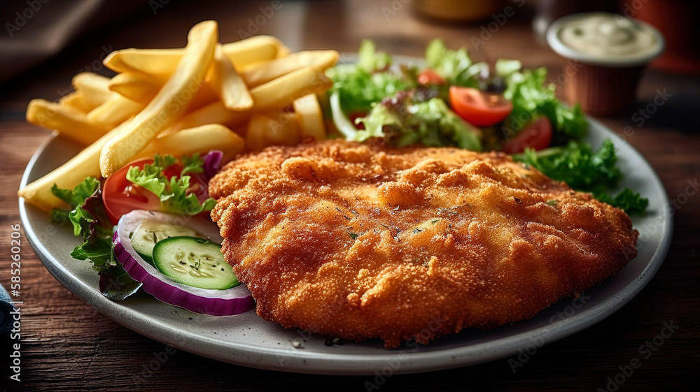 Indulge in Our Mouth-Watering Wienerschnitzel with Fries and Salad Indulge in Our Mouth-Watering Wienerschnitzel with Fries and Salad