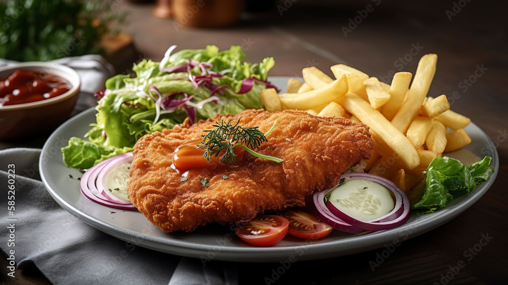 Austrian Delight: Wienerschnitzel, Fries and Salad Austrian Delight: Wienerschnitzel, Fries and Salad