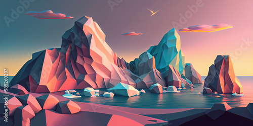 Low-poly pastel-colored rock formations stand out against the stunning and serene backdrop of the ocean in this breathtaking artwork. Generative AI