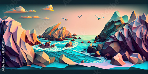 Low-poly pastel-colored rock formations stand out against the stunning and serene backdrop of the ocean in this breathtaking artwork. Generative AI