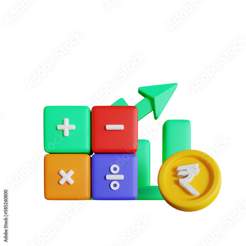 3d illustration of indian rupee currency calculation