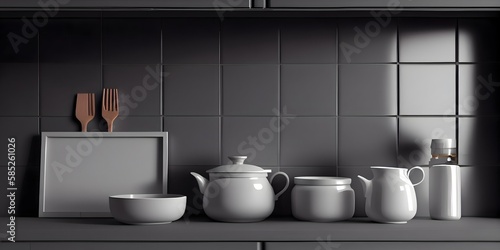 close up blank empty space countertop in modern grey build in kitchen cabinet set for household products display with white ceramic wall tiles in background. Ai Generative