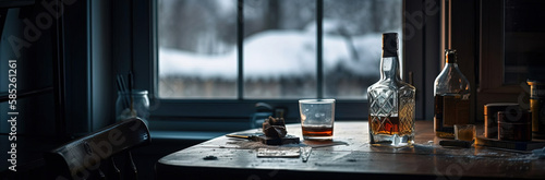 Glass of whiskey with ice cubes in a dark ambient on the table in a dark day Generative AI