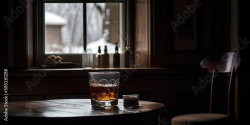 Glass of whiskey with ice cubes in a dark ambient on the table in a dark day Generative AI