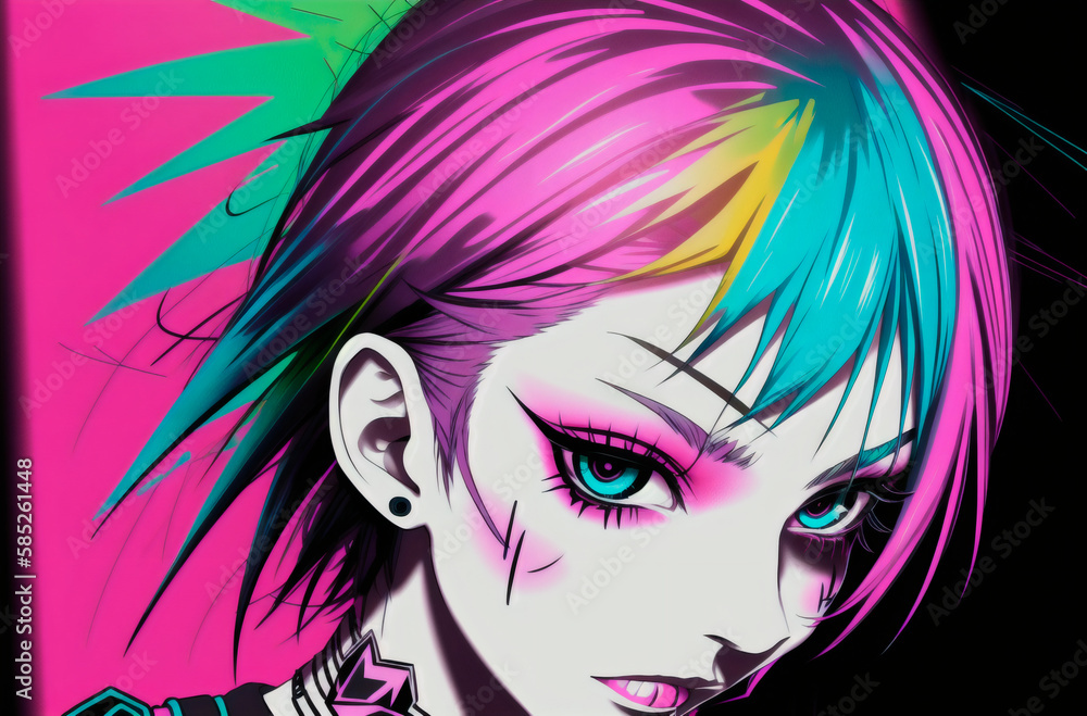 Portrait of a punk girl with bright make up and colorful hair. Generative AI. Portrait of a punk girl with bright make up and colorful hair. Generative AI.