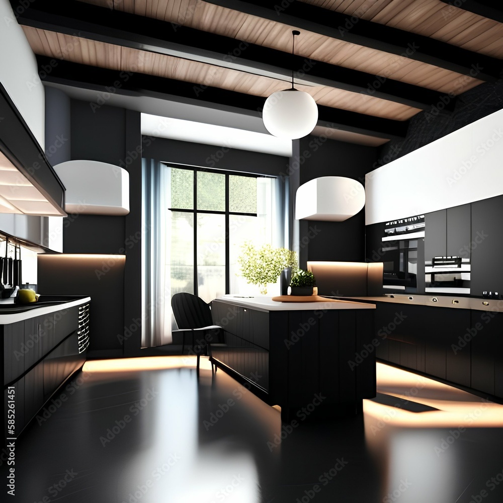 Dark and modern kitchen with black furniture, wooden details and ceiling lamps, dark home decoration - generative ai
Dark and modern kitchen with black furniture, wooden details and ceiling lamps, dark home decoration - generative ai