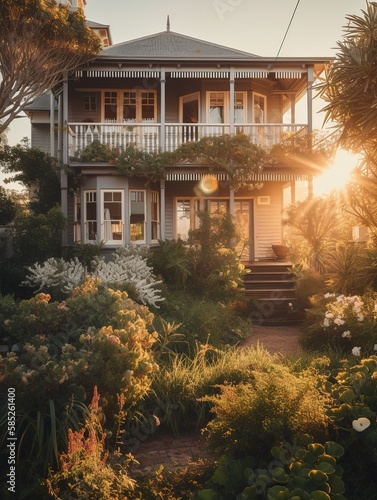 traditional wooden two-story house with beautiful garden and sun rays entering the garden Generative AI