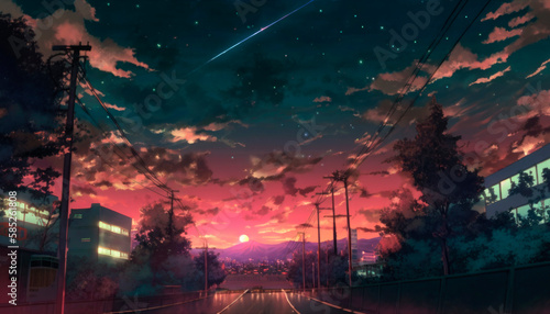 beautiful sunset over the city anime background wallpaper