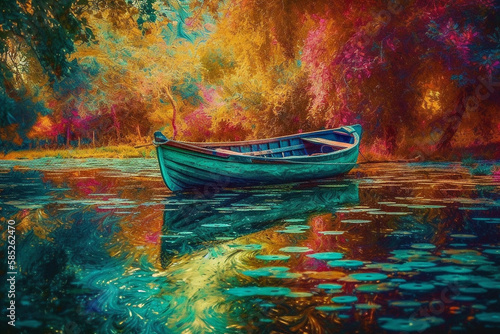 A little boat on the lake in classic painting style ,AI generated