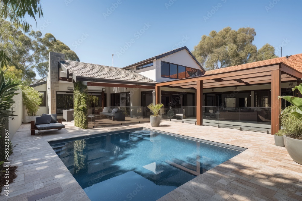 Fototapeta premium Private swimming pool nearby a luxury house. High quality generative ai