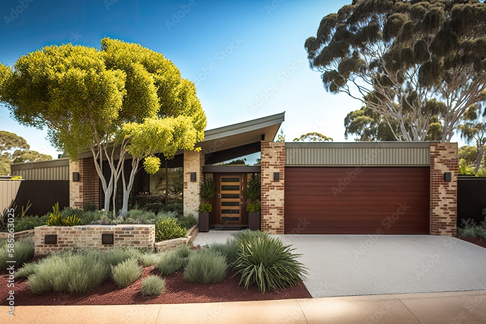 Obraz premium Contemporary luxury house exterior, with garage, garden and trees. Generative AI