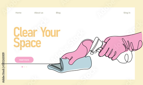 Home cleaning service landing page design concept, illustration of janitors with cleaning tools. Vector illustration