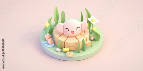Spring with tiny cute isometric, soft smooth lighting, with soft pastel colors, 3d.