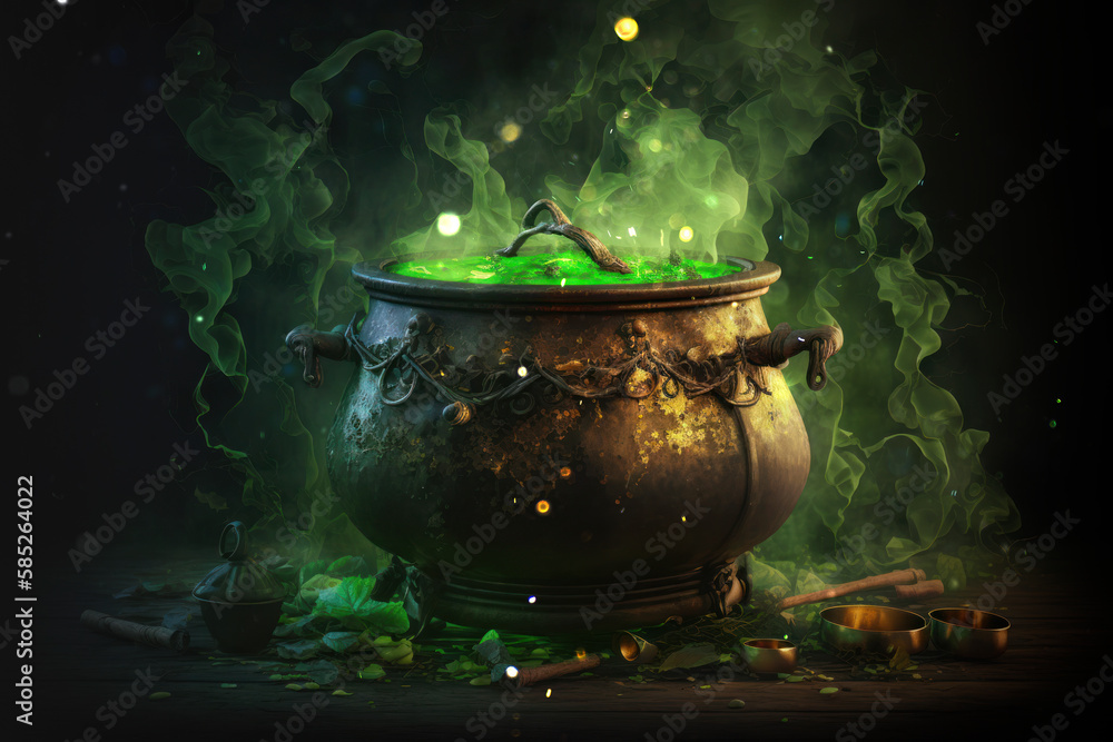 Boiling cauldron with green potion. AI Generated Boiling cauldron with green potion. AI Generated