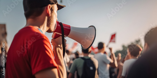 A man shouts into a megaphone during a protest. Group of protestors protesting on the street. financial crisis.