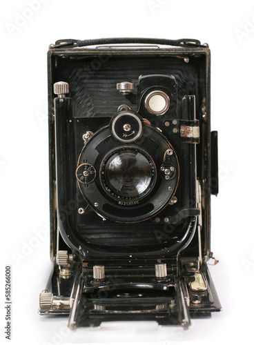 Old antique vintage black camera the 19th century isolated on white background with cliping path. Russia.