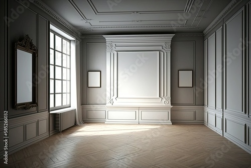 A grand  empty room with a parquet floor with stucco panels  molding  and frames. Large  open studio with furnishings and advertising product mock-ups  copyspace  generative ai