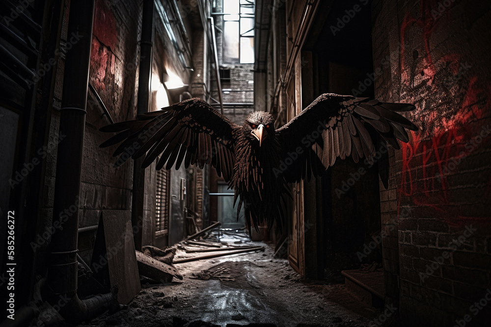 An image of a mysterious, winged creature lurking in the shadows of a dark alleyway - Generative AI