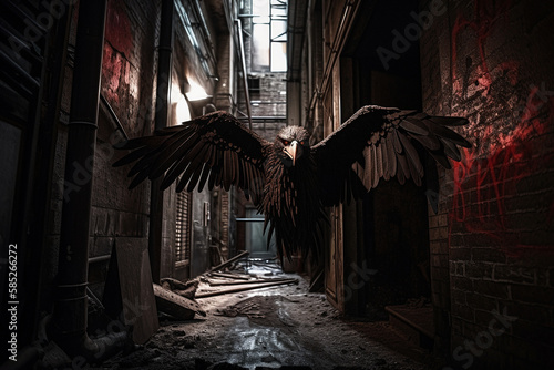 An image of a mysterious, winged creature lurking in the shadows of a dark alleyway - Generative AI © lilyl