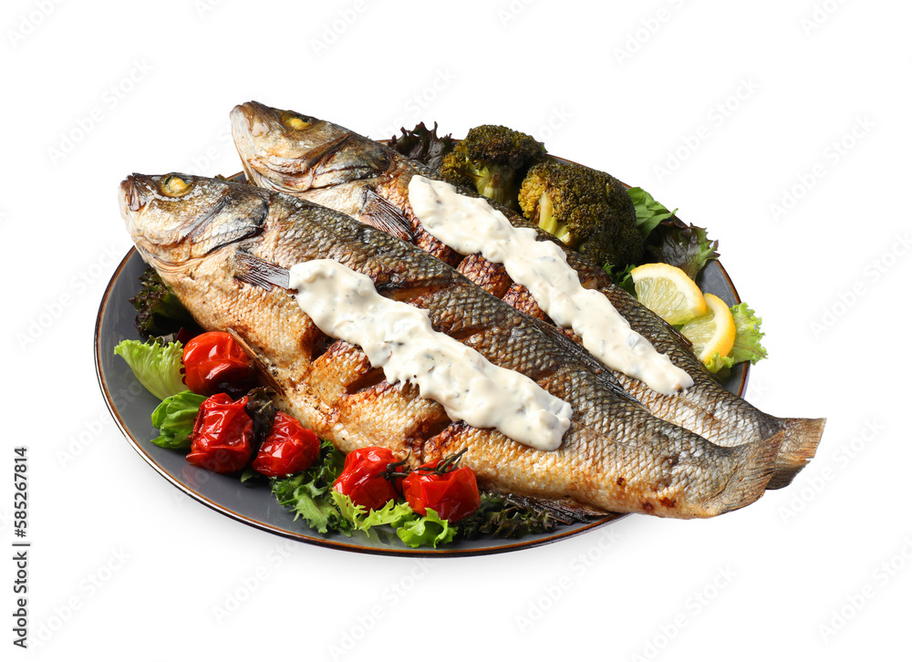 Plate with delicious sea bass fish and ingredients isolated on white Plate with delicious sea bass fish and ingredients isolated on white