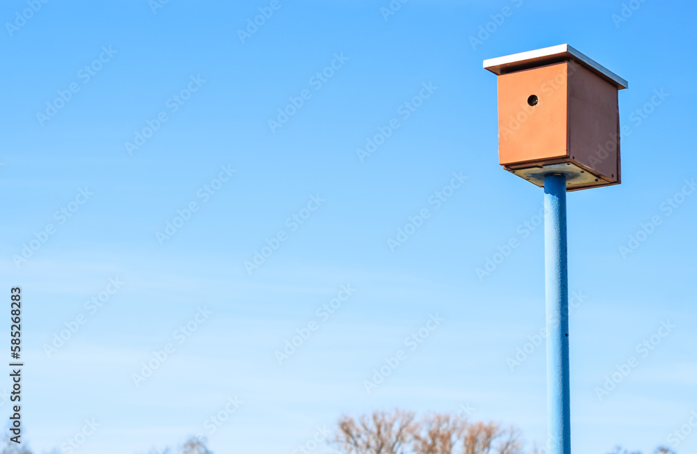 View of wooden bird house against blue sky View of wooden bird house against blue sky