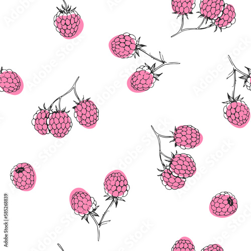Vector seamless pattern with raspberries isolated on white. Hand-drawn texture with fresh fruits.
