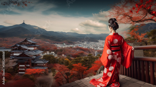 A woman wearing a kimono. Castle and mountains in her background（着物を着た女性） © akitada