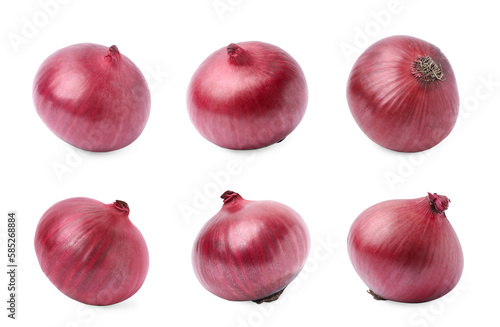 Collage with red onion bulbs on white background