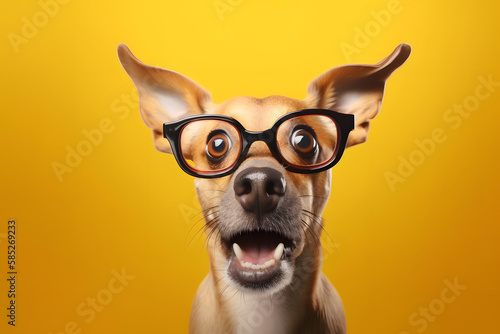 A shocked dog in front of a yellow all wearing black glasses watching into the camera created with generative ai