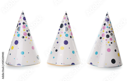 Party cone hats on white background