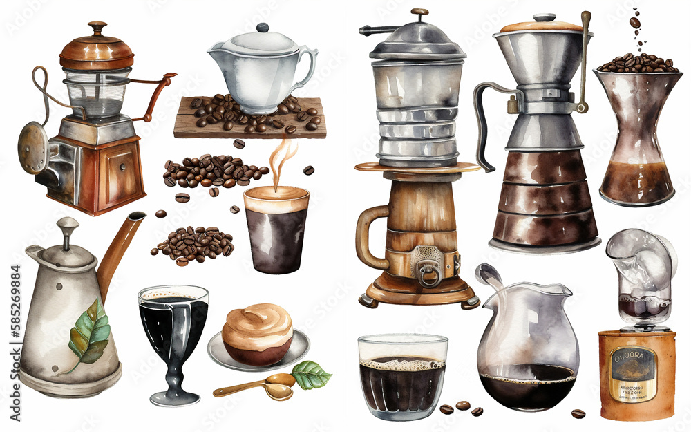 Coffee on white background with margins, watercolor illustration, isolated elements, collection