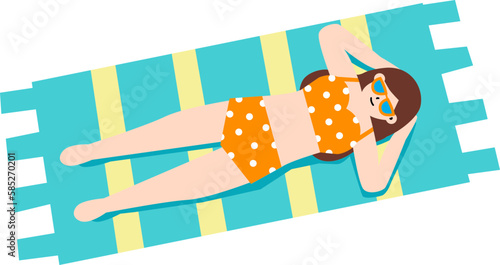 A woman wear sunglasses and an orange bikini that lay on the stripes beach mat