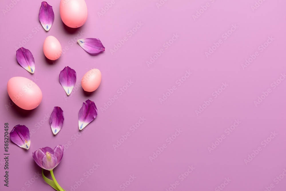 Tulip with Easter eggs on lilac background