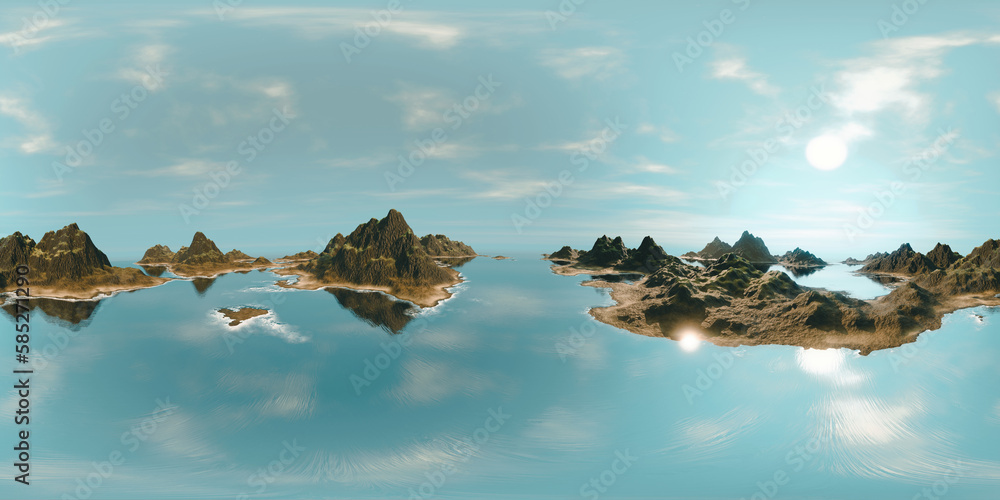 8K HDRI map, ocean landscape, islands with mountains and sandy beaches, realistic 360 degree rendering for spherical nature background environment, 3d equirectangular panorama