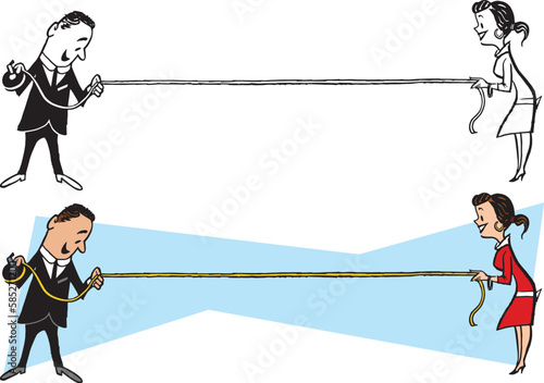 A vintage retro cartoon of a couple using a measuring tape to measure a distance. 