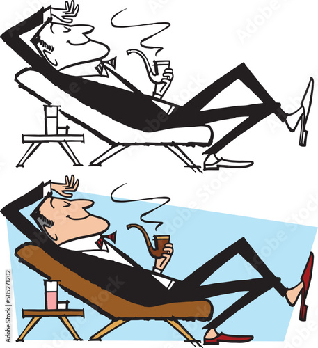 A vintage retro cartoon of a man relaxing in a lounge chair and smoking his pipe. 