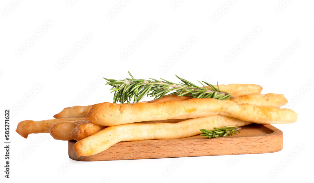 Wooden board with tasty Italian Grissini on white background Wooden board with tasty Italian Grissini on white background