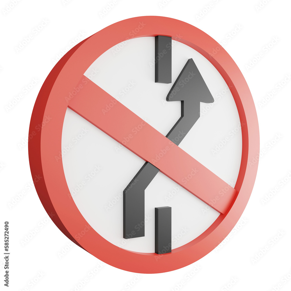 3D render no lane change sign (right) icon isolated on transparent background, red mandatory sign 3D render no lane change sign (right) icon isolated on transparent background, red mandatory sign